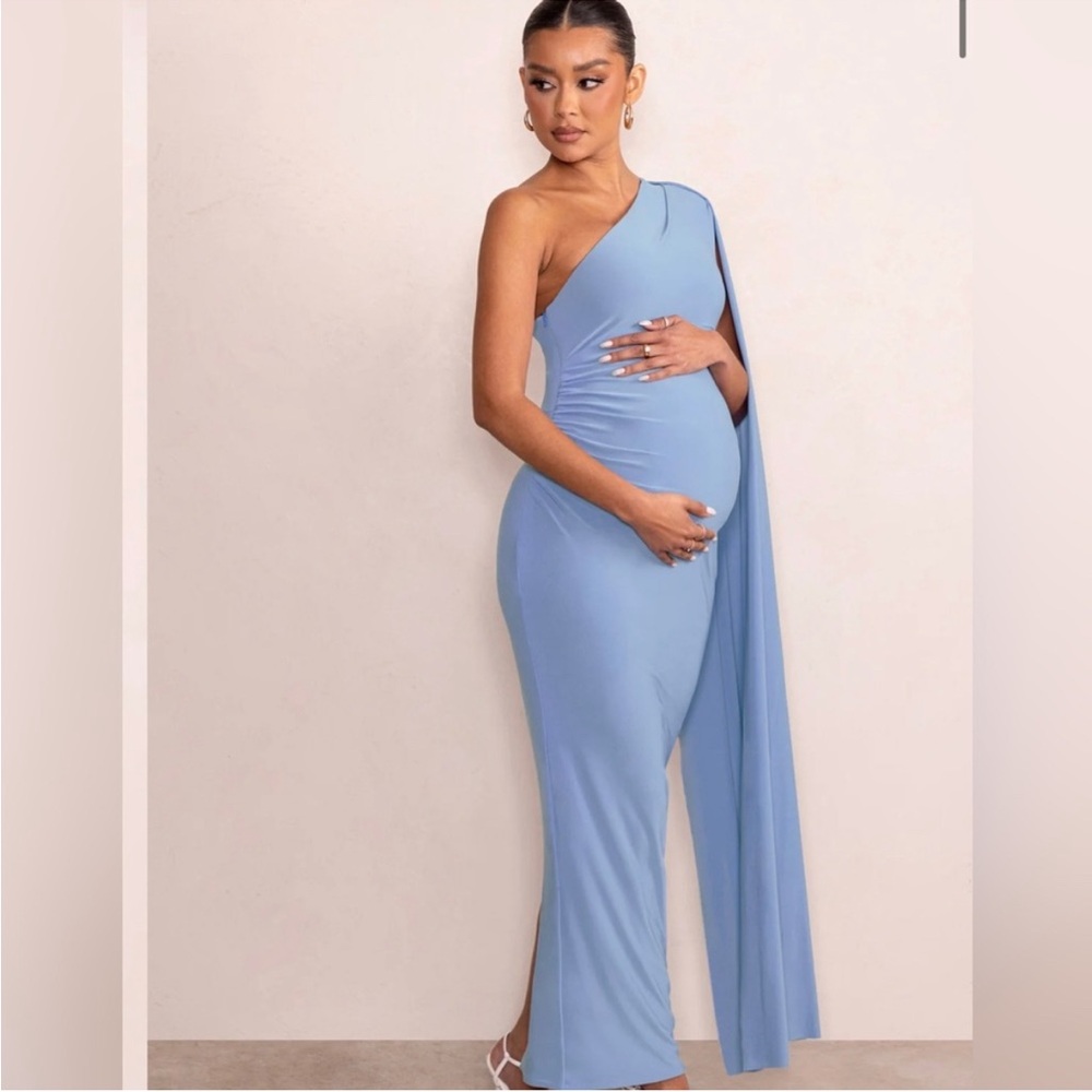 AMARYLLIS 
POWDER BLUE MATERNITY ONE SHOULDER MAXI DRESS WITH CAPE SLEEVE